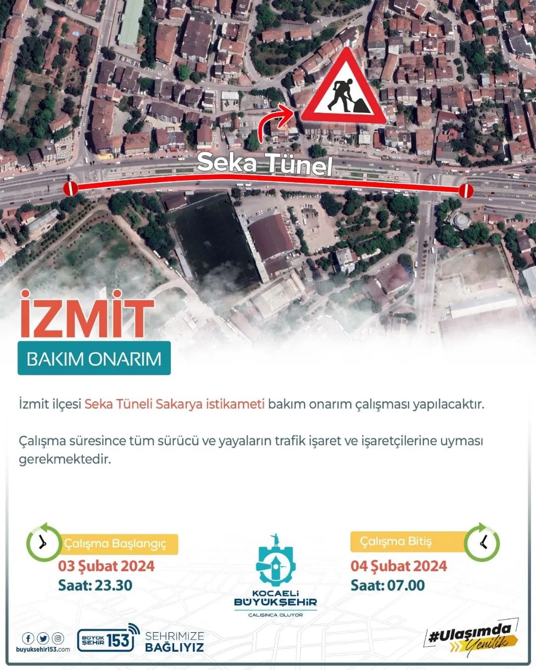 DUYURU
Seka Tüneli Sakarya İstikametinde bakım onarım çalışması yapılacaktır.
0…